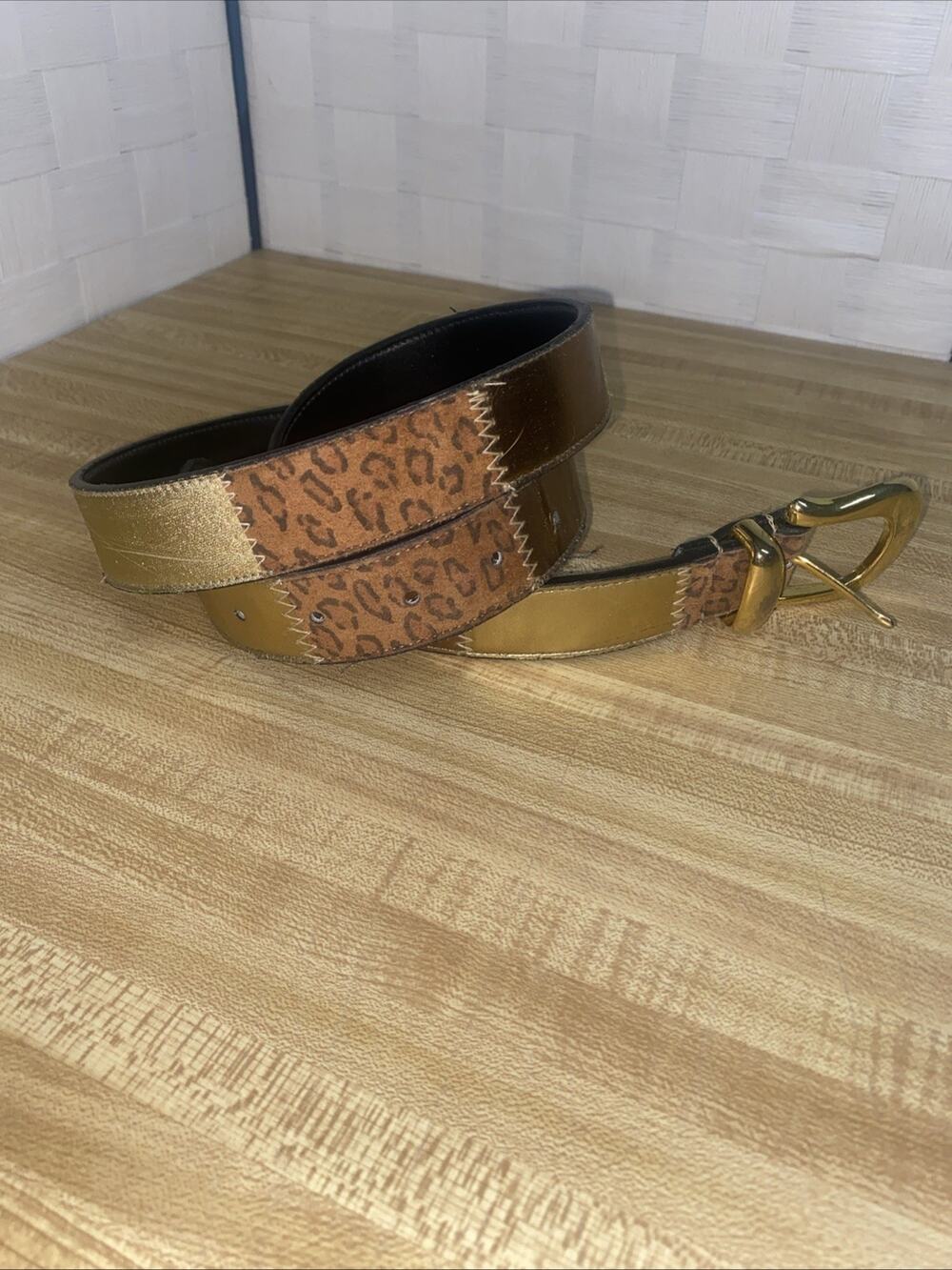 90s Patchwork Animal Print Gold Bronze Leather Ladies Brown Belt Sz X-Large